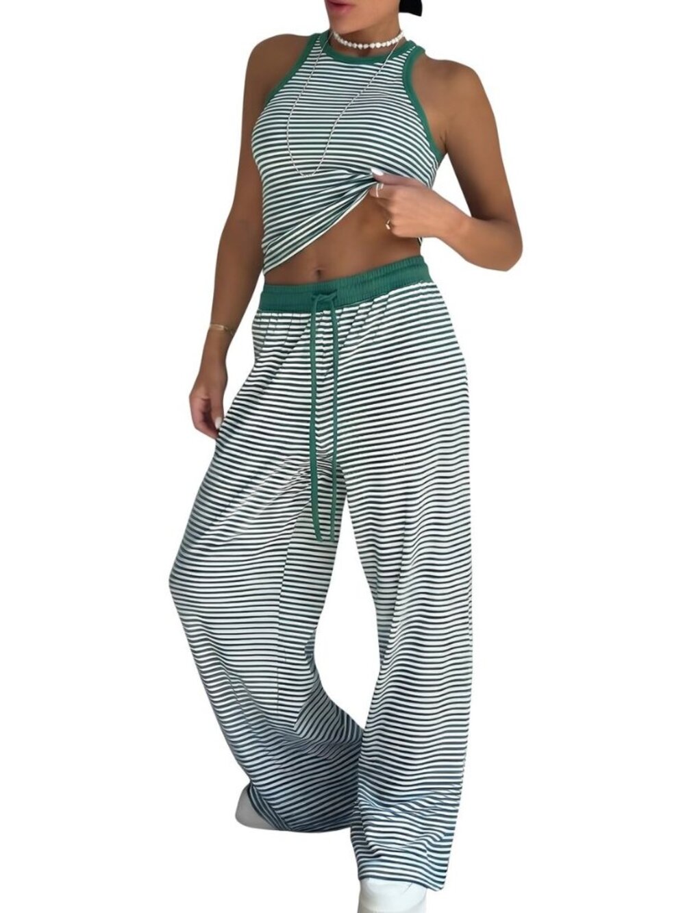 Womens Cotton Summer 2 Piece Halter Top Matching Wide Leg Pants Sets